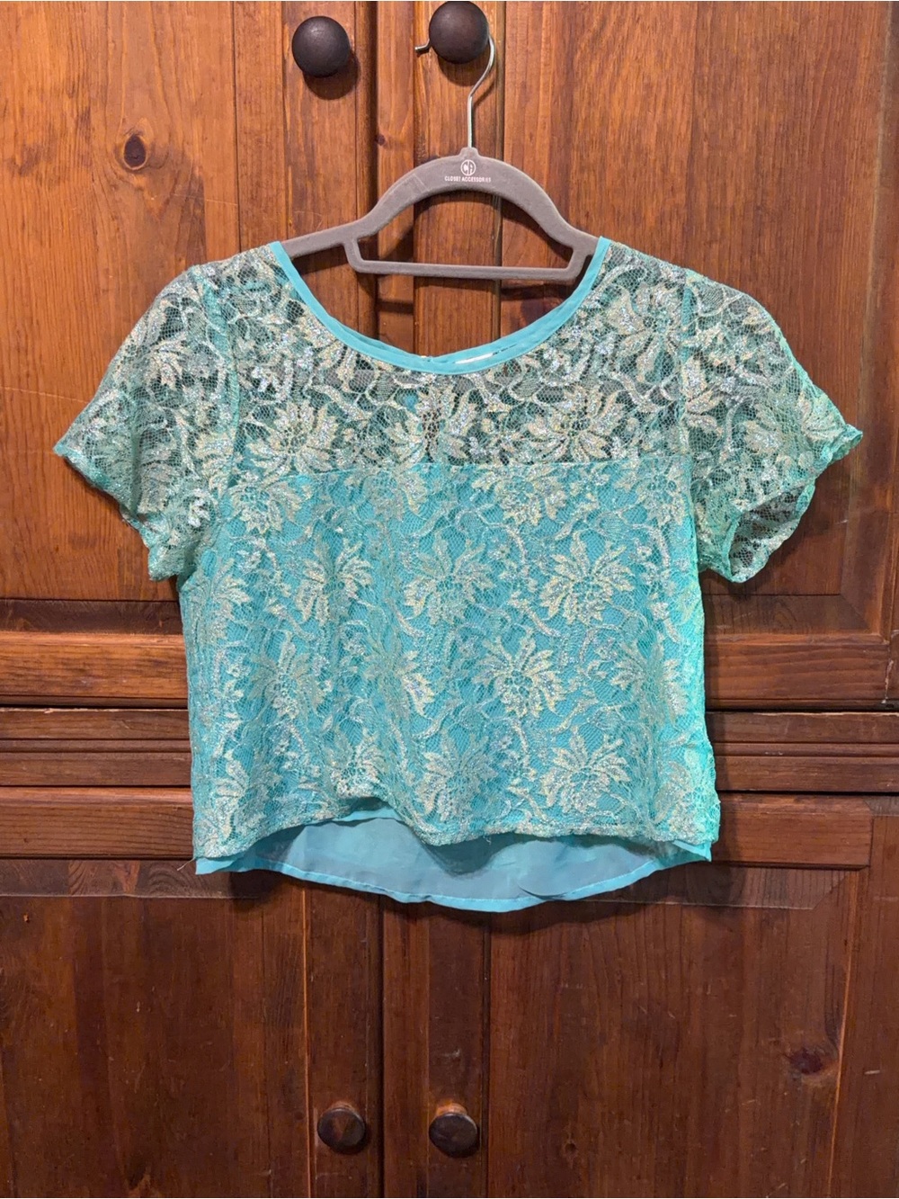 Forever 21 Turquoise Lace Overlay Short Sleeve Top